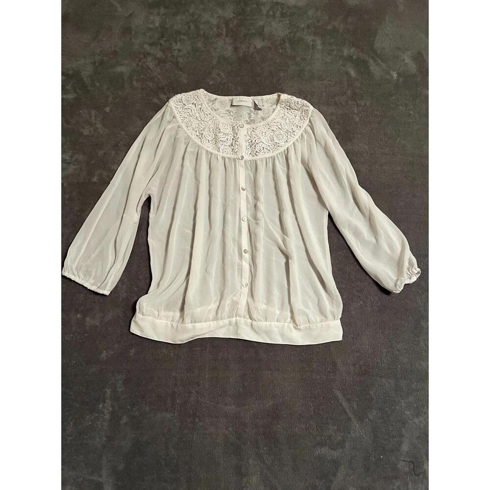 Chicos off White embroidered lace semi sheer peasant shirt top blouse size 1